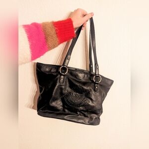 Lauren Ralph Lauren Crown Logo Leather Satchel Shoulder Bag Black